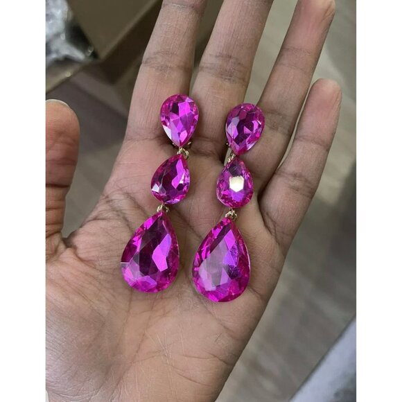 3 inch clip on fuchsia hot pink gold rhinestone crystal teardrop pageant - Picture 5 of 7
